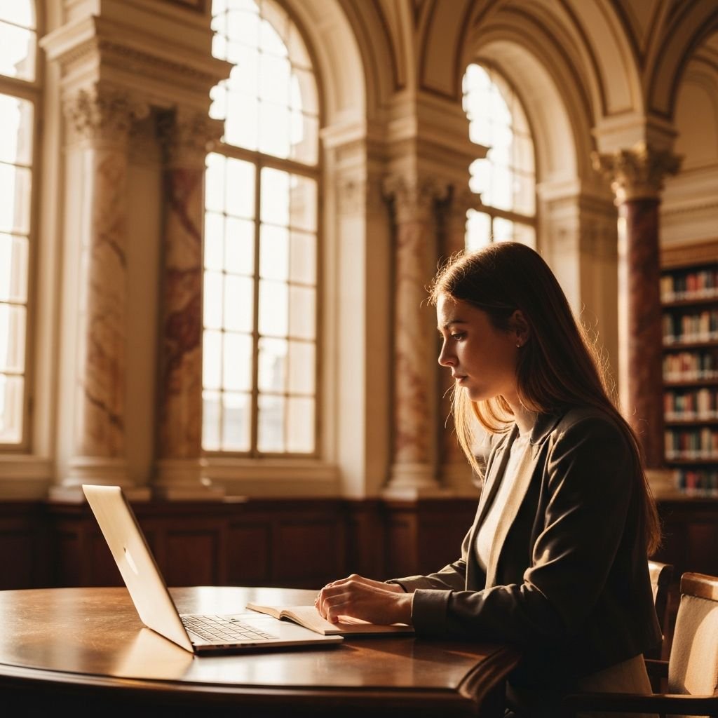 Student studying on a laptop in a sunlit historic European library